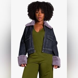 Poetic Justice Women's Zip Up Faux Fur Trim Trucker Jacket
